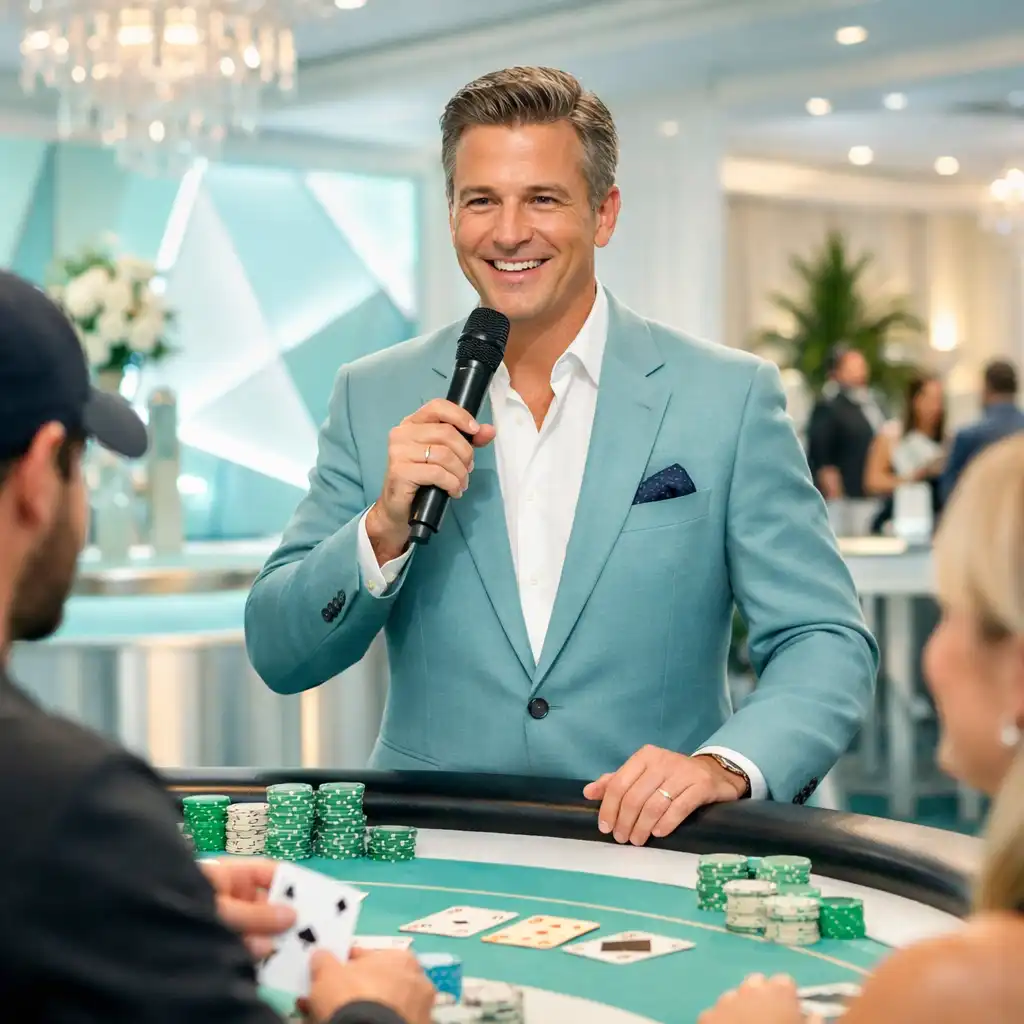 Profesjonalny prowadzący wieczoru pokerowego w eleganckiej aranżacji