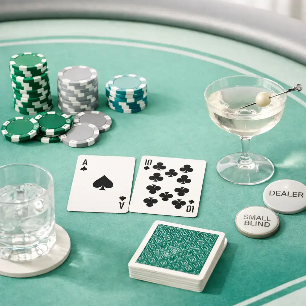 Stylowo zaaranżowany stół pokerowy z miętowo-turkusowymi akcentami